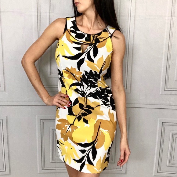 Sleeveless Yellow and Black Floral Dress - Picture 1 of 7